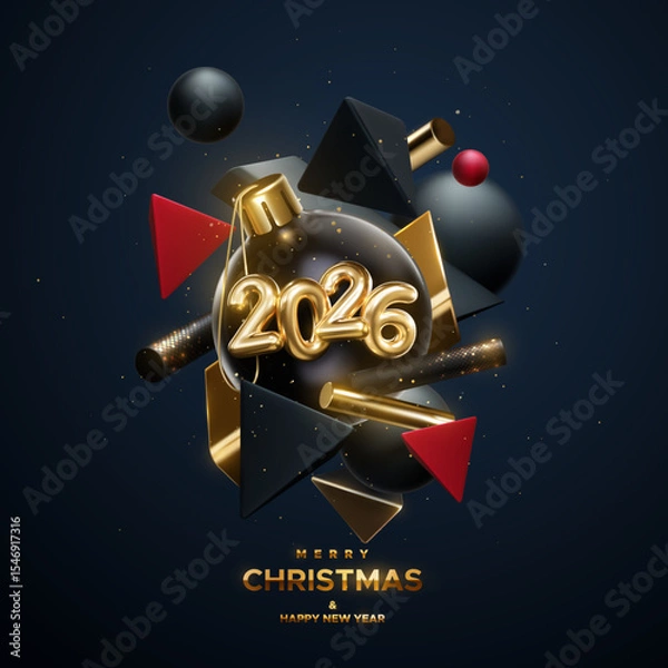 Obraz Merry Christmas and Happy New Year. Golden 2026 numbers with Christmas ball, flowing black, red and gold geometric 3d shapes. Vector holiday illustration. Winter festive poster or banner design