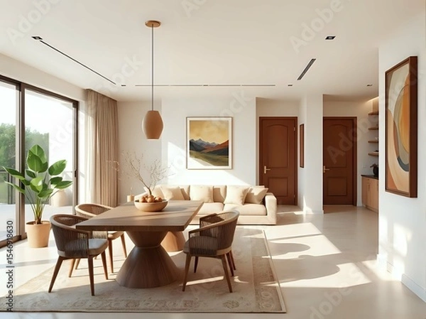 Fototapeta 3d japandi open living and dining interior with soft neutral tones and geometric framed art in cozy modern layout
