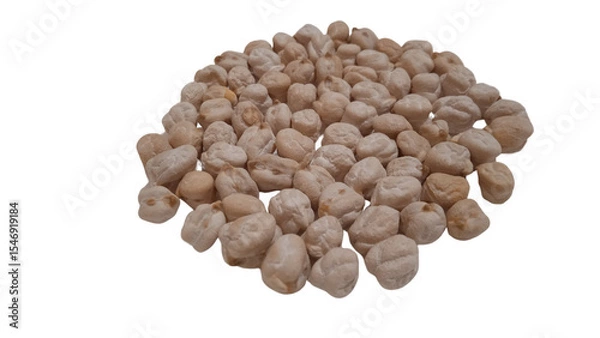 Obraz A close-up shot of a pile of scattered dried chickpeas isolated on a white background. The chickpeas are light beige in color, slightly wrinkled in texture, and have some minor imperfections. 