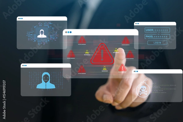 Fototapeta Cybersecurity threat and system warning with people, alert for malware, hacker attacks, data breach prevention, antivirus and firewall protection in digital security systems and IT infrastructure
