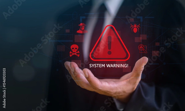 Fototapeta Cybersecurity threat and system warning with people, alert for malware, hacker attacks, data breach prevention, antivirus and firewall protection in digital security systems and IT infrastructure