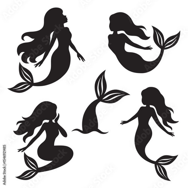 Fototapeta Silhouette images of mermaids in various poses, including a mermaid tail, vector illustration set.