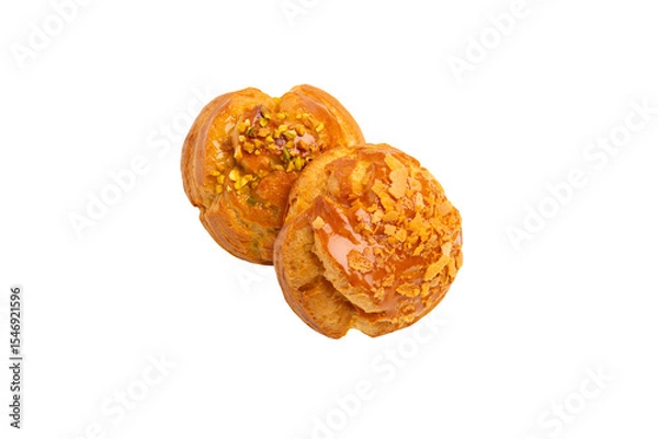 Obraz Two caramel choux puffs – PNG, top view, isolated on transparent background