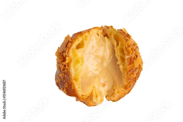 Obraz Caramel cream puff cut open – PNG, front view, isolated on transparent background
