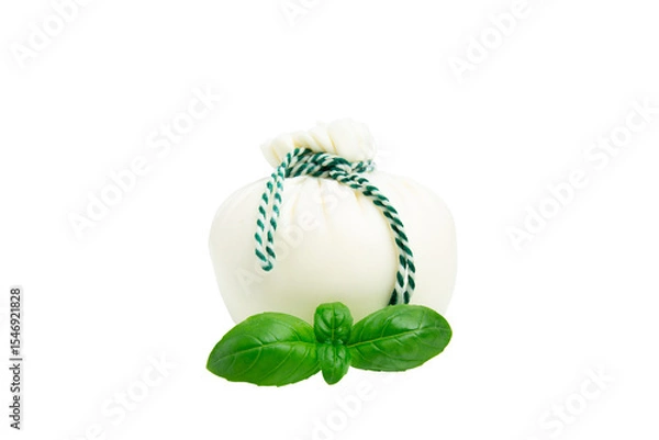 Obraz Burrata cheese ball with basil – PNG, front view, isolated on transparent background