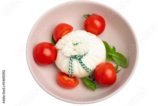 Obraz Burrata cheese with cherry tomatoes and basil – PNG, top view, isolated on transparent background