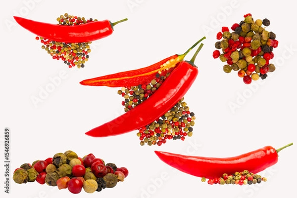 Obraz Red chili peppers with mixed peppercorns –top view, white  background