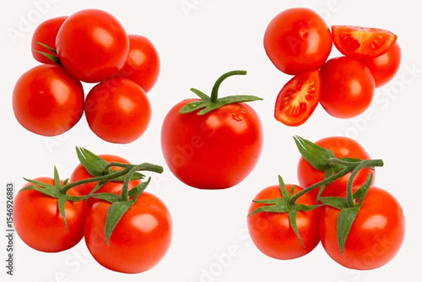 Obraz Five tomato compositions – top view, white background