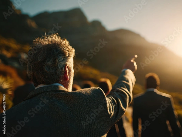Fototapeta Business leader pointing toward horizon while team follows outdoor corporate retreat setting natural mountain backdrop warm.