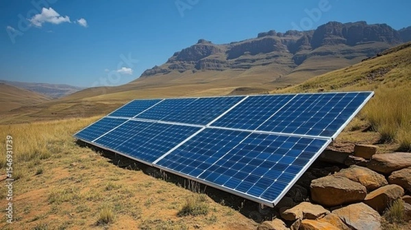 Fototapeta Solar Panels in Field with Mountain Backdrop