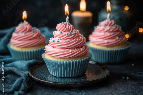 Fototapeta A delicious dessert with cupcakes and candles for a special birthday.