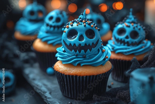 Fototapeta Festive and delicious cupcakes that are creatively designed for Halloween.