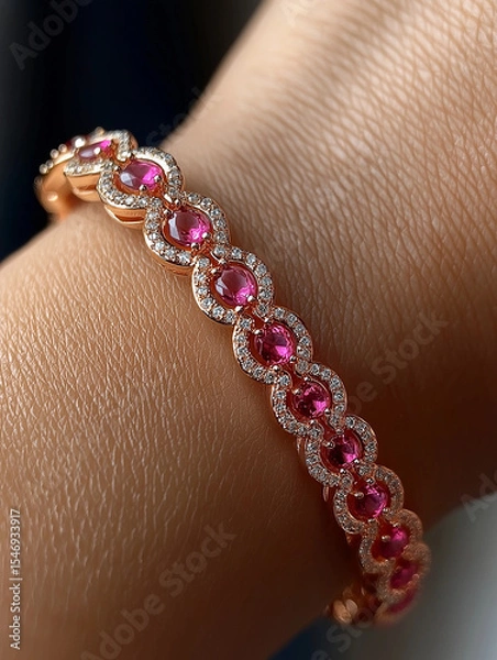 Fototapeta Elegant rose gold bracelet with sparkling pink gemstones on a woman's wrist, creating a stylish display.