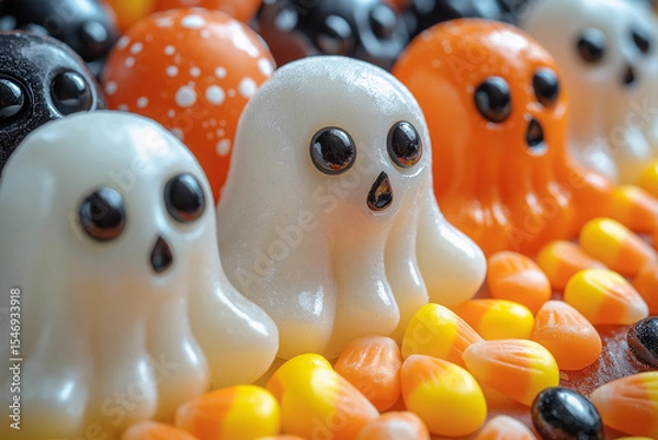 Fototapeta A vibrant image of Halloween candy ghosts and colorful candy corn.