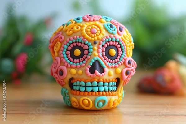 Fototapeta A colorful sugar skull sits on a wooden surface, ready for the Day of the Dead.