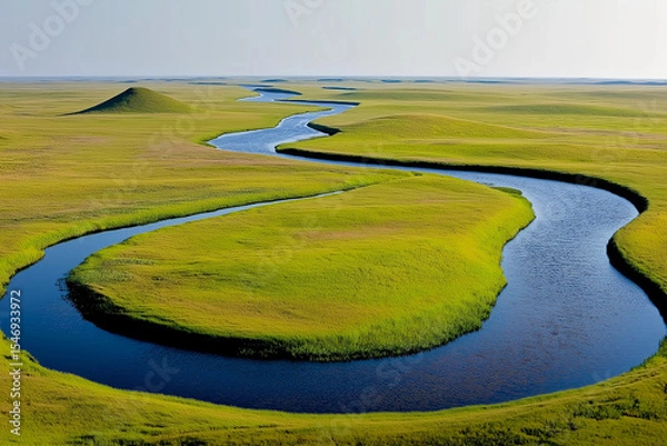 Fototapeta A serene river meanders through lush green fields on a sunny day.