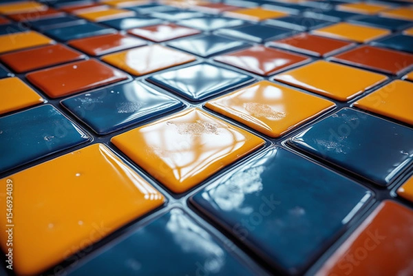Fototapeta Colorful glossy tiles with square mosaic pattern create a beautiful backdrop.