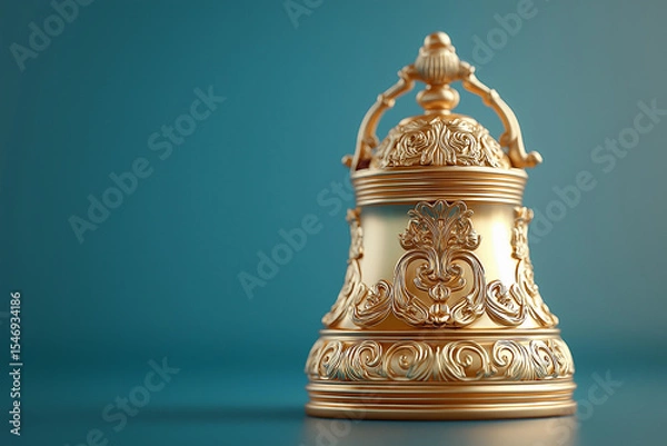 Fototapeta A detailed shot of a golden bell with intricate ornamentation against a teal background.