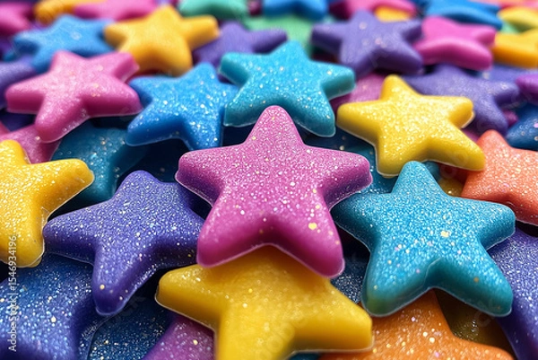 Fototapeta Close-up shot of colorful glittery star shapes.