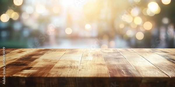 Fototapeta Empty wooden table with a blurred light-filled background, ideal for product placement or design mockups