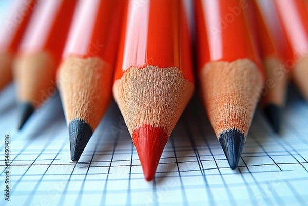 Fototapeta Close-up view of red pencils, ready for writing on paper.