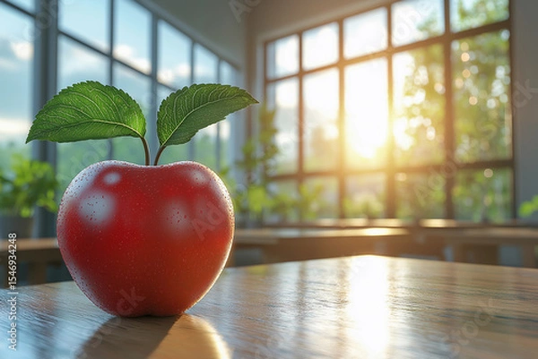 Fototapeta A vibrant red apple sits on a wooden table bathed in sunlight.