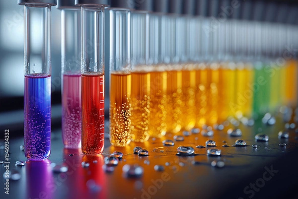 Fototapeta Close-up of colorful test tubes with various liquids and droplets
