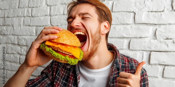 Fototapeta Happy man taking a bite of a tasty cheeseburger with a thumbs-up.
