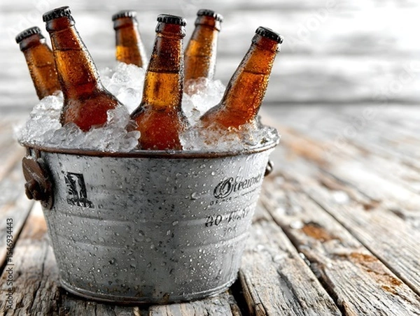 Fototapeta A bucket of ice filled with cold bottles of beer sits on a weathered wooden table ready to be enjoyed.