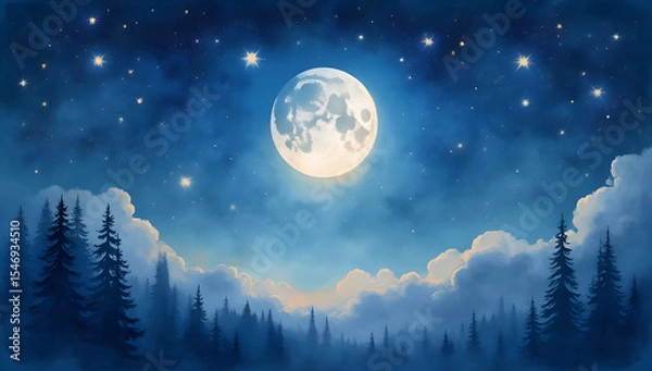 Obraz Bright full moon glowing above pine trees in a magical night landscape.