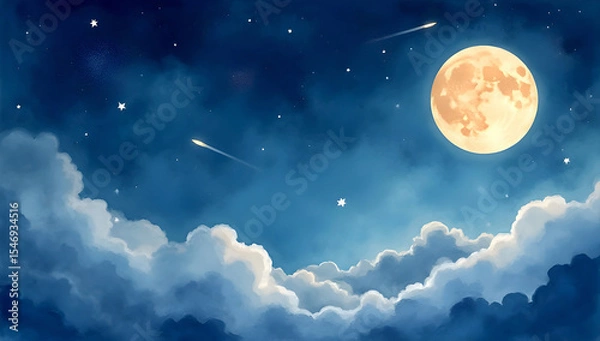 Obraz Golden full moon floating above soft clouds and shooting stars in a magical night sky.