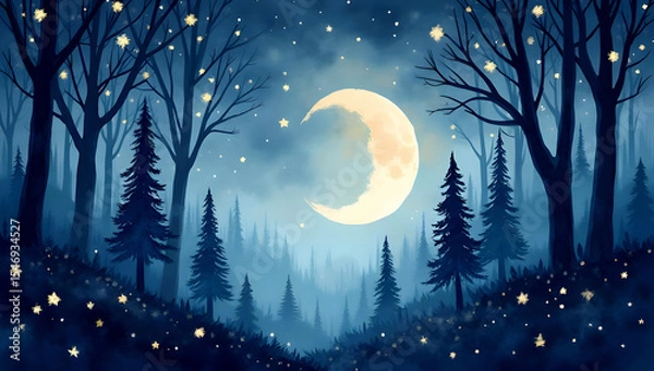 Obraz Magical night forest with glowing stars and a crescent moon shining above tall trees.