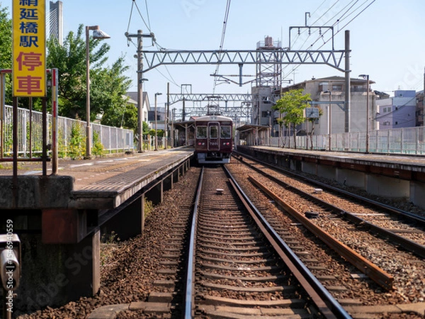 Fototapeta 能勢電鉄妙見線絹延橋駅と電車