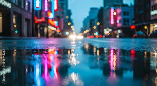 Fototapeta Night City Street with Neon Lights Reflections on Wet Pavement