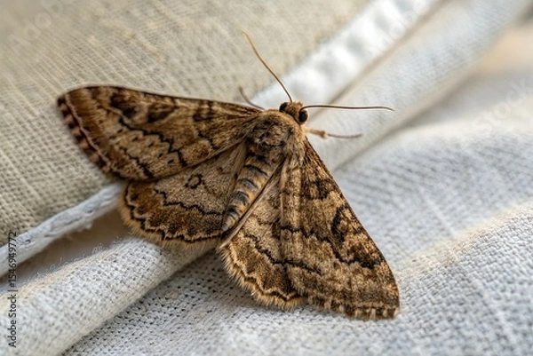 Fototapeta Close-up of a patterned moth resting on a textured fabric, showcasing its intricate wings and details