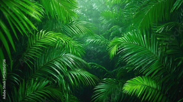 Fototapeta Lush verdant African rainforest scene with diverse tropical flora foliage and dense greenery  Vibrant primeval landscape with a sense of mystery and untamed wilderness