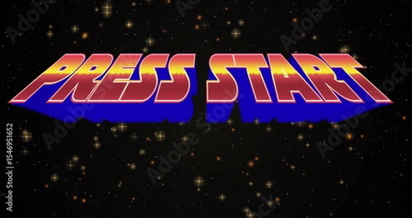 Fototapeta Bold 3D PRESS START text floating in outer space, with gradient effect, blue shadow, golden stars