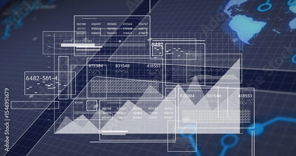 Fototapeta Floating translucent UI panels displaying tables and line charts on grid interface with world map