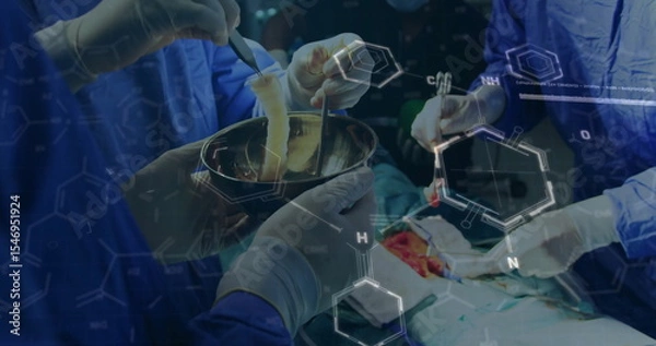 Obraz Manipulating tissue graft in bowl using forceps and scalpel in OR with scrubs and chemical overlays