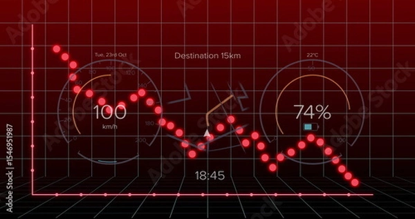Obraz Displaying red node line graph tracing fluctuations in cockpit, with grid and speed battery gauges