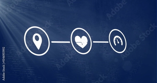 Obraz Three white icons lining up on dark blue backdrop, with location pin, heart rate, speedometer
