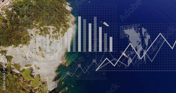 Fototapeta Displaying cliffs with foliage on coastline, with grid overlays, data visuals and yacht copy space