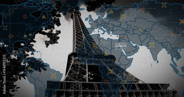 Fototapeta Eiffel Tower silhouette rising in graphic, with world map overlay, icons, grid lines and hex bar