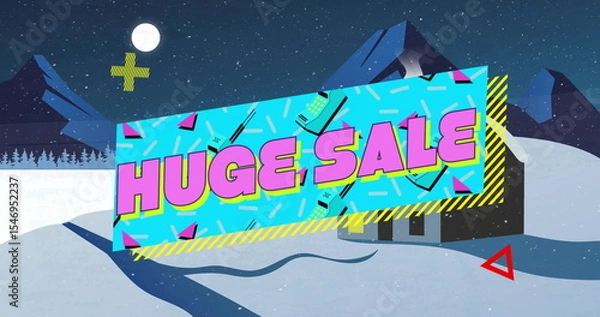 Fototapeta Displaying retro sale banner reading HUGE SALE over snowy mountains at night, with cabin silhouette