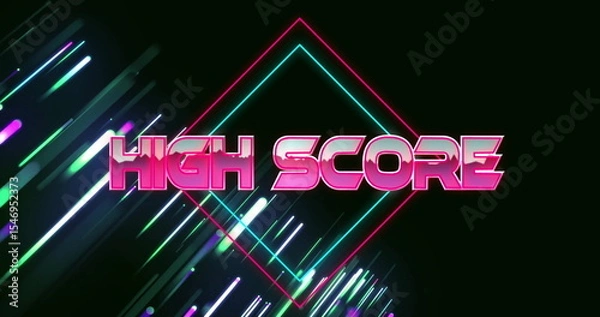 Fototapeta Displaying HIGH SCORE text glowing on dark canvas, with neon diamond outlines and light streaks