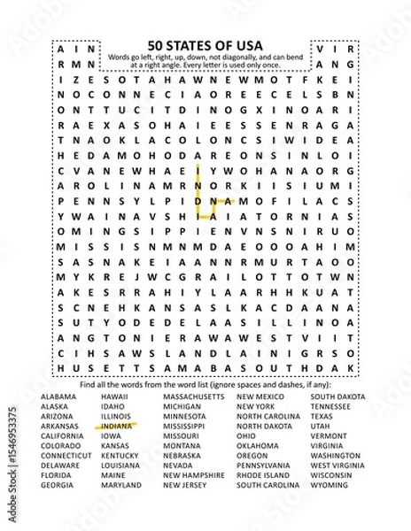Fototapeta 50 States of USA zigzag word search puzzle (suitable both for kids and adults). Answer is on separate file.
