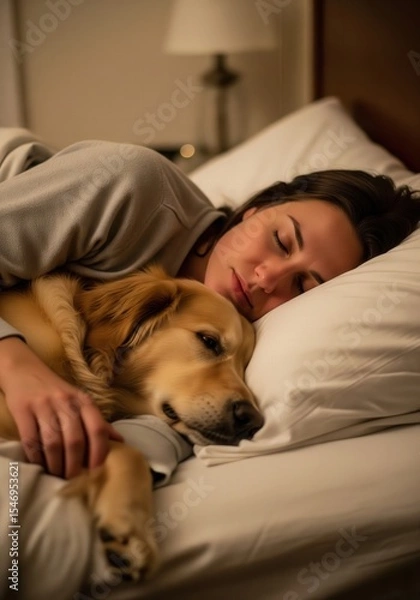 Obraz Woman peacefully sleeping in bed with her Golden Retriever dog A heartwarming scene of restful sleep and companionship