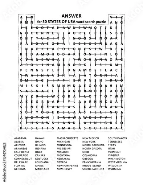 Fototapeta Answer page for 50 States of USA zigzag word search puzzle. Puzzle is on separate file.