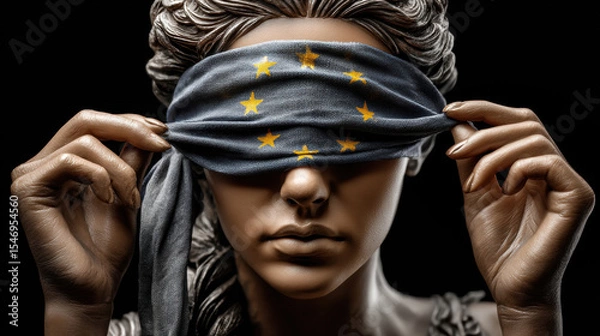 Fototapeta A blindfolded goddess of justice with an EU flag, symbolizing blindness to violations of the law and rights due to geopolitics