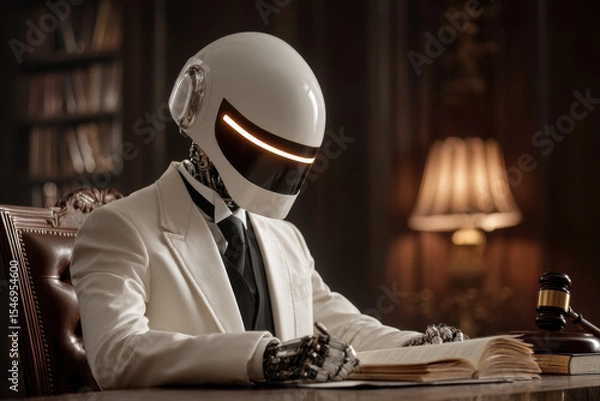 Fototapeta Futuristic robot in suit reading in dimly lit library with wooden furniture